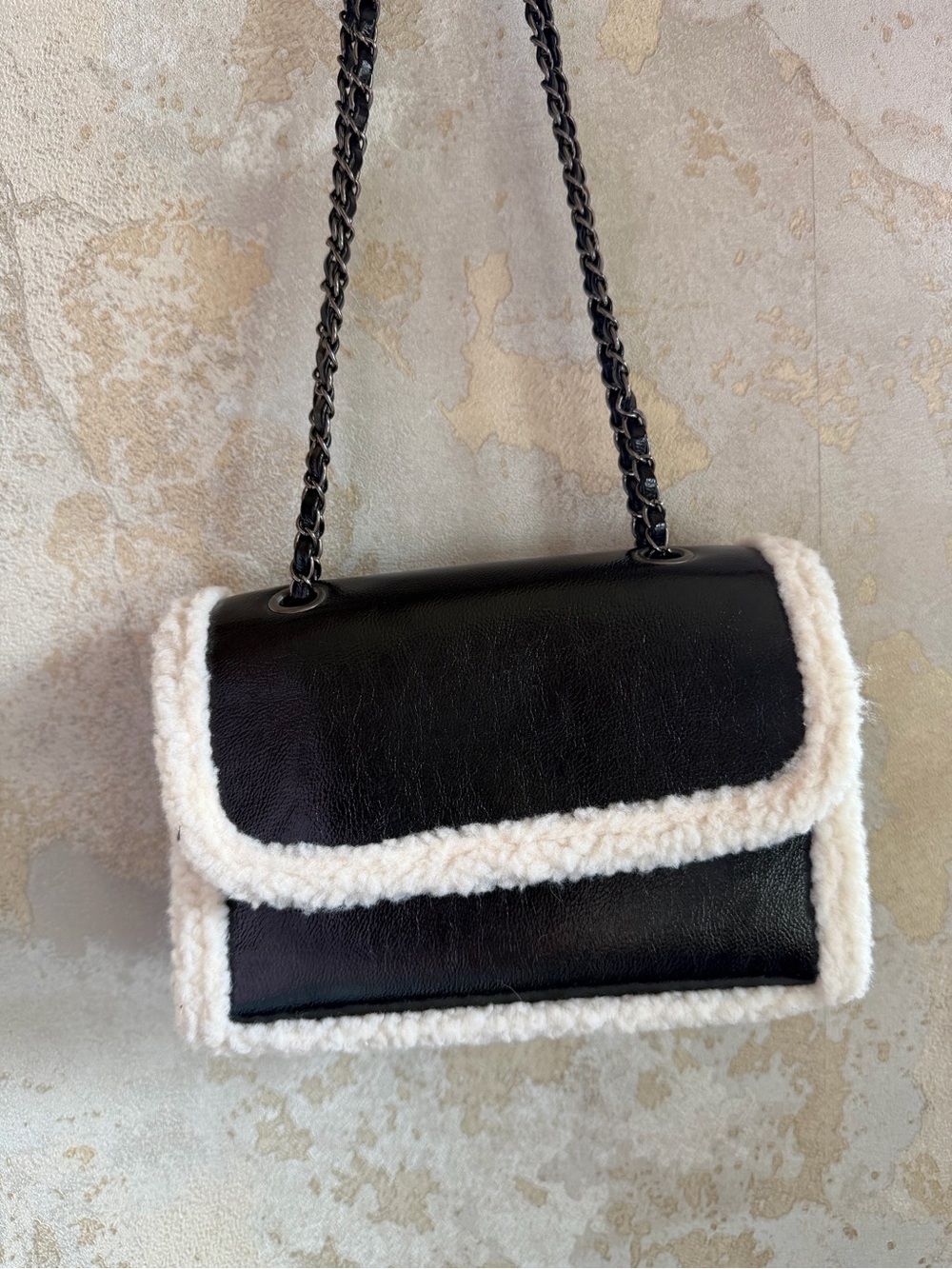 Black Faux Leather Shearling-Trim Shoulder Bag